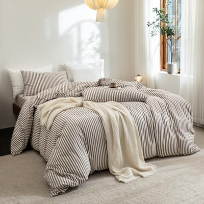 FOSSA Striped Duvet Cover Set 100% Washed Cotton Linen Feel Super Queen