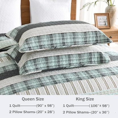 Homzard 100% Cotton Quilts Queen Size Teal White Plaid Farmhouse Plaid Striped Bedspread Set,Lightweight Breathable Comforter Reversible Coverlet All Season 3 Pieces