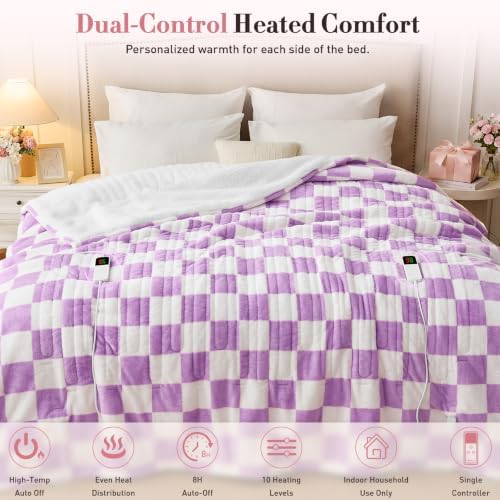 Light Purple Electric Blanket Heated King Size, 90"X100" Dual Control