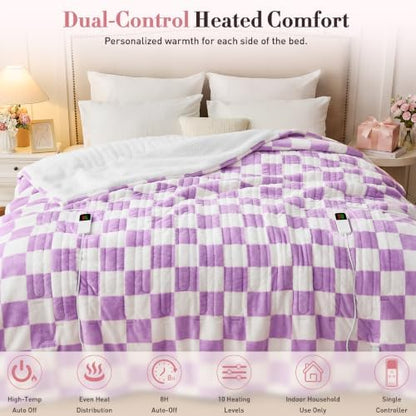 Light Purple Electric Blanket Heated King Size, 90"X100" Dual Control