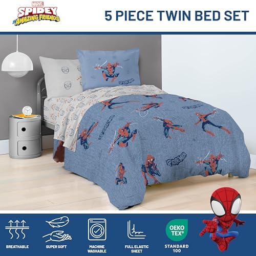 Marvel Spiderman Twin Comforter Set 5 Piece Bedding for Boys, Blue
