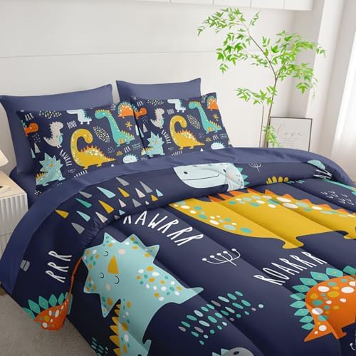 7Pcs Comforter Set Cartoon Dinosaur Printed Bedding Set with 1 Comforter, 1 Flat Sheet, 1 Fitted Sheet and 4 Pillowcases for Boys and Girls Bedroom All Season(Twin)