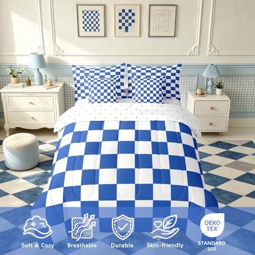 Feelyou Checkered Retro 7 Piece Bedding Set Teen Women Men Blue White Plaid Comforter Set with Sheets King Size Kids Boys Geometric Vintage Bed in a Bag Modern Simple Groovy Aesthetic Room Decor