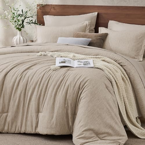 JOLLYVOGUE Khaki Full Comforter Set, Cationic Dyeing Bed in a Bag Full 7 Pieces, Double-Tone Bedding Set with Down Alternative Comforter, Sheets, Pillowcases & Shams
