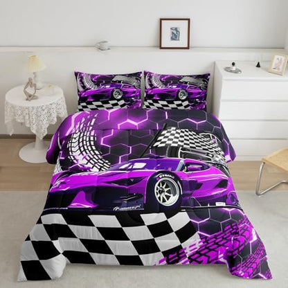 Toddler Race Car Bed for Boys,Purple Neon Lights Honeycomb Bedding Set Cool Sports Car Glitter Beehive Geometric Hexagon Comforter Set Full,Black White Grid Lattice Quilt Buffalo Plaid Decor