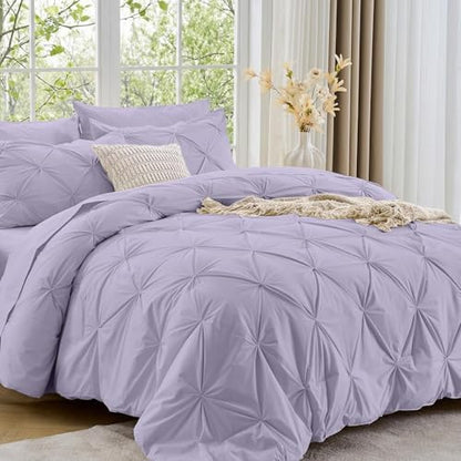 Sasttie California King Comforter Set, 7-Piece Bed in a Bag, Pintuck Bedding Sets for All Season, Includes Comforter, Flat Sheet, Fitted Sheet, Pillowcases and Pillowshams, Lavender