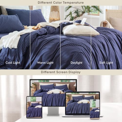 MooMee Striped Duvet Cover Set 100% Washed Cotton Linen Like King