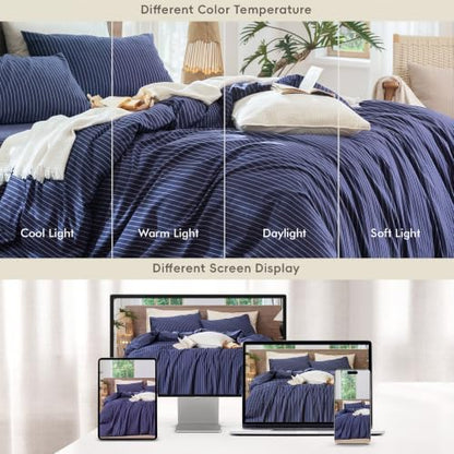 MooMee Striped Duvet Cover Set 100% Washed Cotton Linen Like King