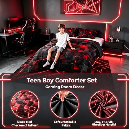 Erosebridal Black and Red Comforter Set Queen Neon Geometric Checkered Bedding Set Gamer Room Decor for Boys,Abstract Grids Quilt Comforter for Kids Teen Men Plaid Check Bed Set 3 Pcs