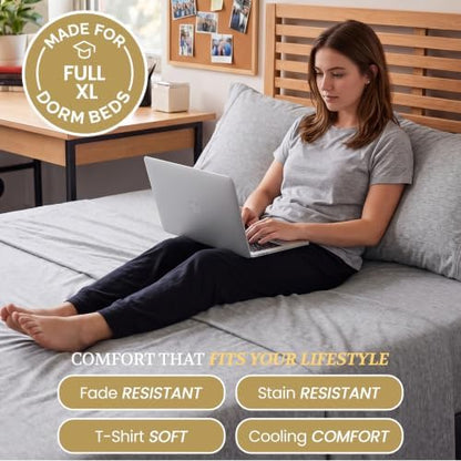 DESTINY CRESCENT BEDDING Full XL 100% Cotton Jersey Knit Sheet Set, 4PC, 15" Deep Pocket, Heather Grey