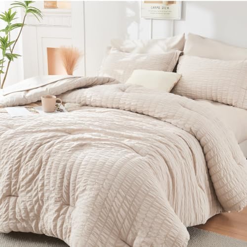 HYMOKEGE Beige Twin Comforter Set Seersucker 5 Pieces, All Season Luxury Bed in a Bag for Bedroom, Bedding Set with Comforters, Sheets, Pillowcase & Sham