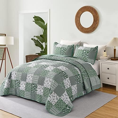 Mybedsoul Boho Quilts Queen Size, Patchwork Reversible Bedding Set, Green