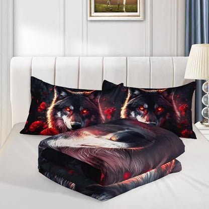 HOSIMA Floral Wolf Queen Comforter for Boys Room Decor with 2 Pillowcases.