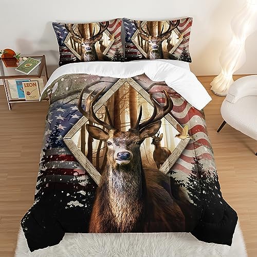 HOSIMA Hunting Bedding Sets 3Pcs Deer Comforter with 2 Pillowcases,Western Farmhouse Animal Hunting Stars Stripes USA Flag Full Size Comforter for Teen Boys Mens Bedroom Essentials RV Inside Decor.