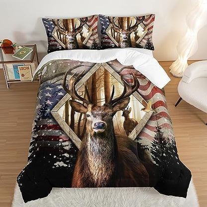 HOSIMA Hunting Bedding Sets 3Pcs Deer Comforter with 2 Pillowcases,Western Farmhouse Animal Hunting Stars Stripes USA Flag Full Size Comforter for Teen Boys Mens Bedroom Essentials RV Inside Decor.