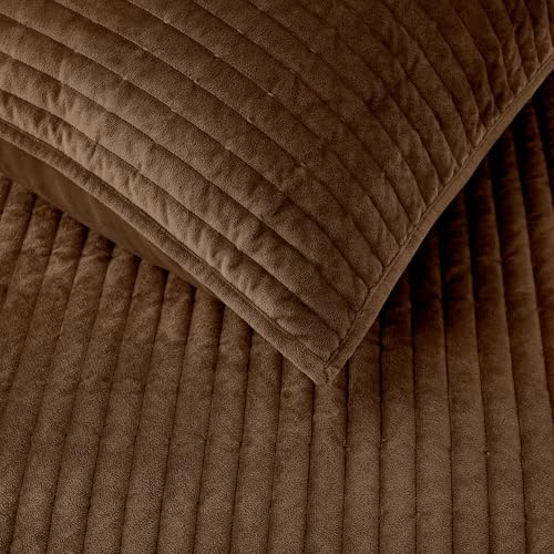 Wonderful - Velvet Quilt Set King Size Mocha Brown, Soft Cotton-Feel Plush Coverlet with Shams, Premium Vertical Channel Stitched, Lightweight All-Season Bedspread