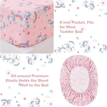 lasoftan Pink Unicorn Toddler Bedding Set for Girls, 4 Piece Bed-in-a-Bag Toddler Comforter Sets, Super Soft and Comfortable Microfiber Todeeler Bed Set