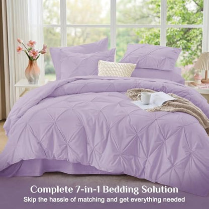JOLLYVOGUE California King Comforter Set 7 Pieces - Bed in a Bag Cal King for All Season, Pintuck Bedding Comforter Sets with Comforter, Flat Sheet, Fitted Sheet and Pillowcases & Shams, Light Purple