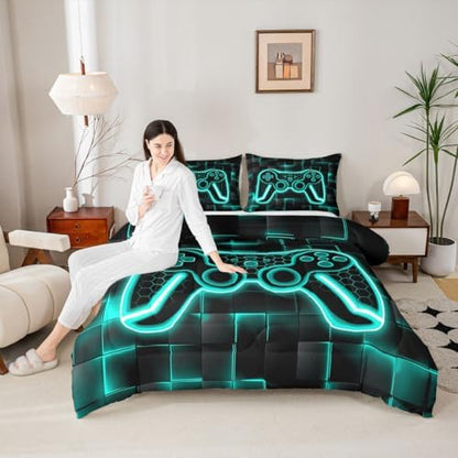 Feelyou Kids Gamer Comforter Set Queen Size Teal Blue and Black Bedding Set for Boys Teens Decor Gaming Ombre Comforter Geometric Square Duvet Set 3Pcs