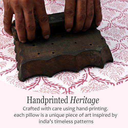 CPC Block Print Blush Rose Ruffle Cotton Lumbar Pillow Cover 14x36 inch
