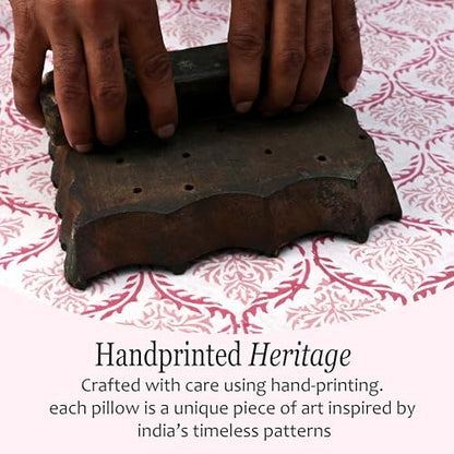 CPC Block Print Blush Rose Ruffle Cotton Lumbar Pillow Cover 14x36 inch