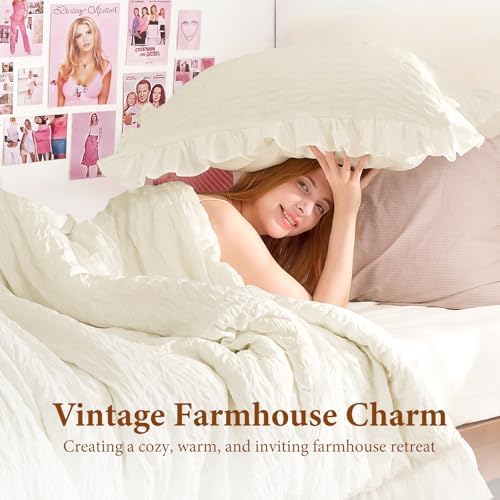 JOLLYVOGUE Ivory Twin/Twin XL Comforter Set, 2 Pieces Seersucker Lightweight Fluffy Bedding Set, Twin Ruffle Comforter, All Season Soft Microfiber Shabby Chic Bed Set