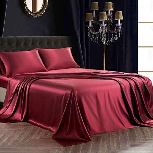 SiinvdaBZX 4Pcs Satin Sheet Set King Size 15-Inch Deep Pocket, Burgundy