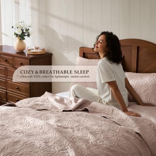 WDCOZY 100% Cotton Cal King Quilt Bedding Sets Floral Rosette Pink