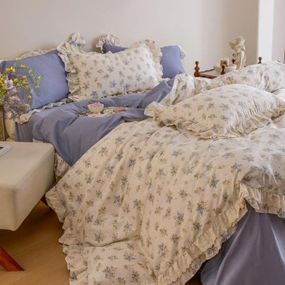 Full Duvet Cover Set 100% Cotton Vintage Floral Duvet Cover with Romantic Ruffle Lace, Breathable Soft Floral Cottagecore Comforter Cover, Aesthetic Botanical Flower Princess Lace Bedding Set Full