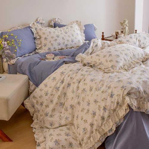 Romantic Ruffle Duvet Cover Set Twin Size, Aesthetic Vintage Flower Comforter Cover Floral Cottagecore Bedding Set for Kids Girls, Breathable 100% Cotton Princess Lace Duvet Cover with 2 Pillowcases