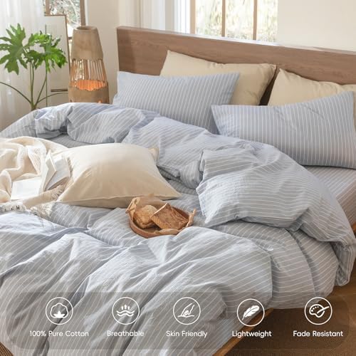MooMee Striped Duvet Cover Set 100% Washed Cotton Linen Like King