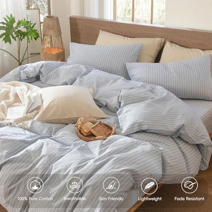 MooMee Striped Duvet Cover Set 100% Washed Cotton Linen Like King