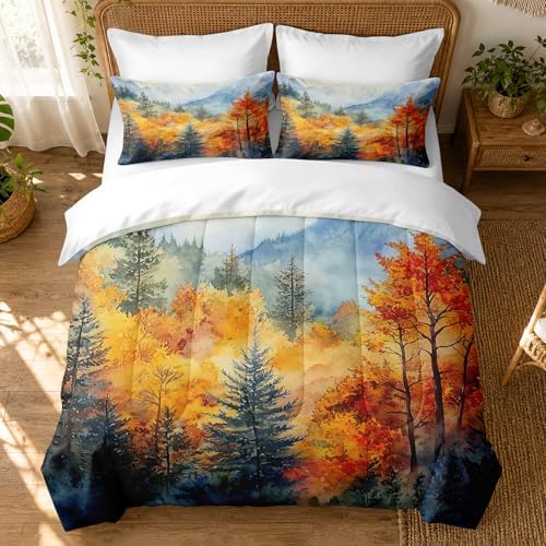 CCoutueChen Fall Forest Comforter Set King Size, Country Bedding with Watercolor Mountain Autumn Tree Bedroom Decor, 3 Pcs 2 Pillowcases, 104"x90"
