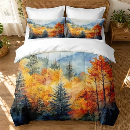 CCoutueChen Fall Forest Comforter Set King Size, Country Bedding with Watercolor Mountain Autumn Tree Bedroom Decor, 3 Pcs 2 Pillowcases, 104"x90"