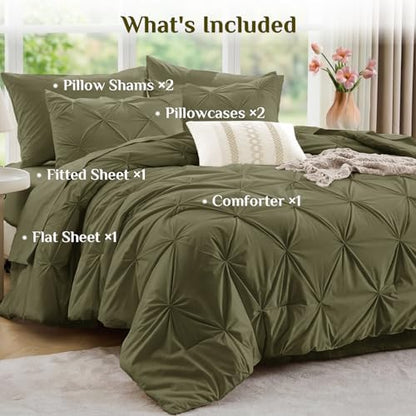JOLLYVOGUE Queen Comforter Set 7 Pieces - Bed in a Bag Queen for All Season, Pintuck Bedding Comforter Sets with Comforter, Flat Sheet, Fitted Sheet and Pillowcases & Shams, Olive Green
