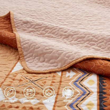 3 Pieces Quilt Set King Size Bedspread Burnt Orange/Rust Coverlet Lightweight Summer Comforter Microfiber Bohemian Bedding Set for All Season Oversized 98x106 Inch Bed Cover(1 Quilt, 2 Pillow Shams)
