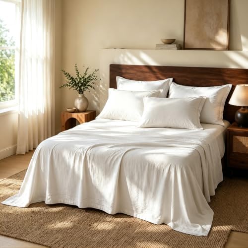 MEISHANG 100% French Linen Sheets Queen,4 Pcs,18-24" Extra Deep Pocket
