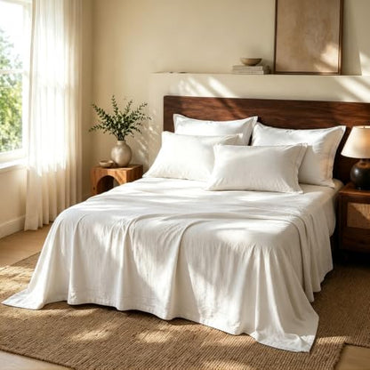 MEISHANG 100% French Linen Sheets Queen,4 Pcs,18-24" Extra Deep Pocket