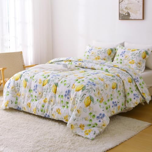 Mooreeke Floral Queen Size Comforter Sets, Lemon Blossoms Patterned Bed in a Bag for All Seasons, 3-Piece Farmhouse Rustic Bedding Set with Fluffy Quilted Reversible Comforter & 2 Pillow Shams