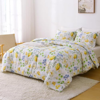 Mooreeke Floral Queen Size Comforter Sets, Lemon Blossoms Patterned Bed in a Bag for All Seasons, 3-Piece Farmhouse Rustic Bedding Set with Fluffy Quilted Reversible Comforter & 2 Pillow Shams