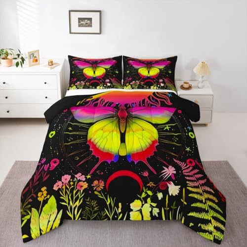 Sun and Moon Comforter Set Twin Rainbow Moth Bedding Sets Hippie Psychedelic Floral Botanical Comforter for Girls Teen Women,Trippy Galaxy Stars Planet Quilt Duvet Colorful 1 Pillow Case