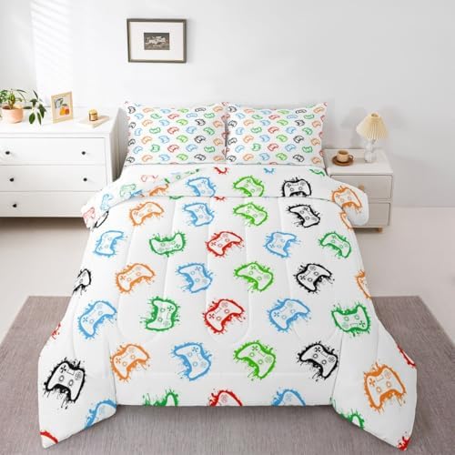 Castle Fairy Gaming Bed Comforter Set Queen Size,Modern Gamepad Super Soft Microfiber Bedding Set for Adults Teens,Colorful Graffiti Comforter Set,2 Pillowcases