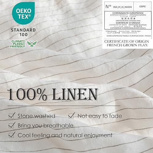 Simple&Opulence 100% Linen Duvet Cover Set 3pcs Yarn Dyed Vertical Pinstripe Ticking Pattern Natural French Washed Flax Breathable Farmhouse Bedding - Grey Stripe, King Size