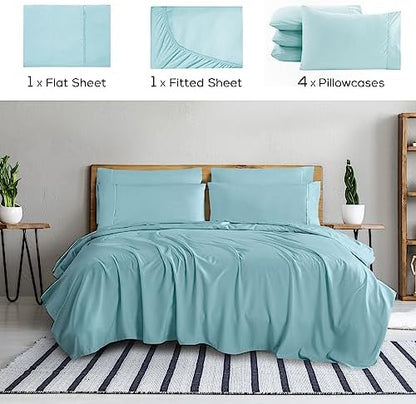 Mueller Ultratemp Bed Sheets Set, Super Soft, 6 Piece California King Sheet Sets, Deep Pocket up to 16", Transfers Heat, Breathes Better, Hypoallergenic, Wrinkle-Resistant, Oeko-TEX, Aqua