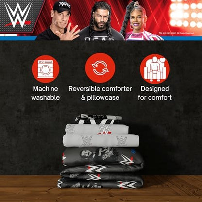 WWE Wrestling Bedding Set, Twin Size 5 Piece Set Super Soft Cozy Reversible Comforter and Sheet Set with Sham, (100% Officially Licensed Product) by Franco