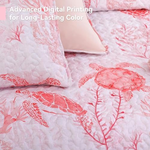 weigelia Coastal Quilt Bedding Set King Size - Lightweight Summer Bedspread in Pink Sea Turtle Coastal Decor, Soft Nautical Comforter for All Season for Coquette Room Decor Bedroom