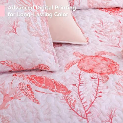 weigelia Coastal Quilt Bedding Set King Size - Lightweight Summer Bedspread in Pink Sea Turtle Coastal Decor, Soft Nautical Comforter for All Season for Coquette Room Decor Bedroom