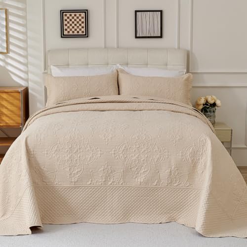 EVENHUG Oversized King Bedspreads California King Quilt Set with Pillow Shams Extra Wide Large King Size Quilts Lightweight Coverlet Bedding Sets Beige 120"x128"
