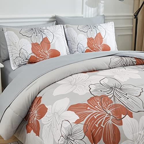Terracotta Comforter Set Queen, 7 Pieces Floral on Grey Bedding Set