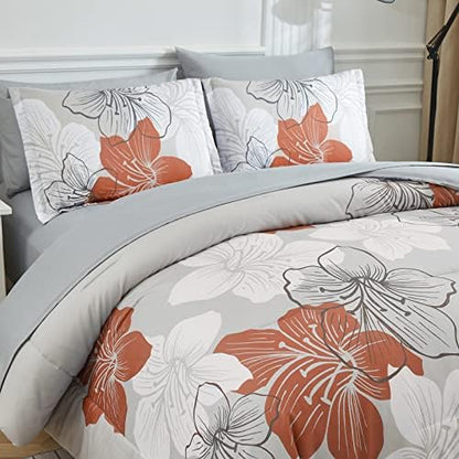 Terracotta Comforter Set Queen, 7 Pieces Floral on Grey Bedding Set